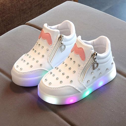 The Kidling's Rhinestone Children Sneakers LED Shoe-White
